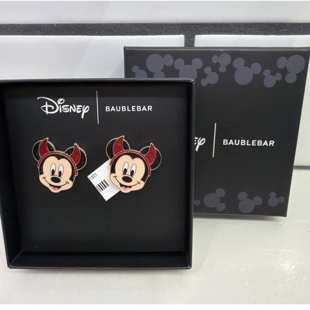 New Disney x Baublebar Mickey Mouse Devil Horns‎ Halloween Stud Earrings Sparkle